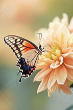 Butterfly with colorful wings rests on light orange flower petals. Close up macro shot of insect on bloom with soft pastel