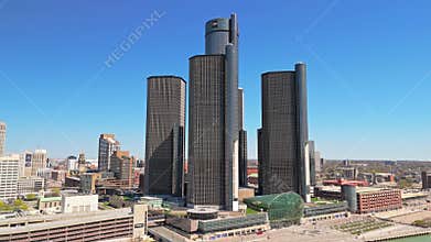 Detroit Hart Plaza Aerial Riverboat and Renaissance Center