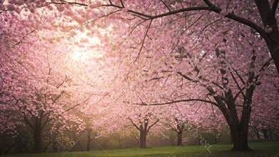 Pink Cherry Blossom Trees in a Lush Green Meadow at Sunset on a Spring Day