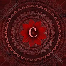 Vintage Red Letter C in Mandala Floral Pattern Frame