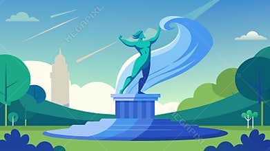 A sculpture at a public park shows a figure emerging from a wave representing the power and freedom of a theutic