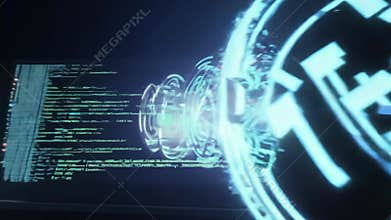A dark monitor displaying corrupted digital code and hacker symbols in a cyberpunk style. 4k Video footage