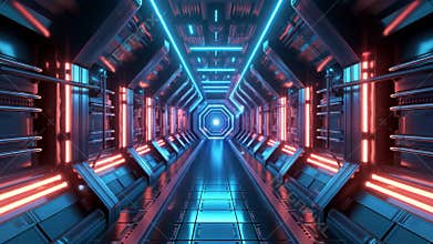Neon-Lit Sci-Fi Corridor with Futuristic Design and way forward ai generative