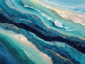 Abstract underwater ocean life painting with blue, green, and gold accents, fluid texture, dynamic brushstrokes, and an