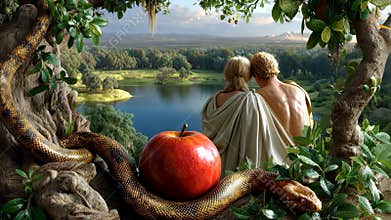 Sacred moment: Adam wander, Eve taste, snake speak, fruit shine, Eden close, guilt bloom, command test, spirit cry, myth birth,