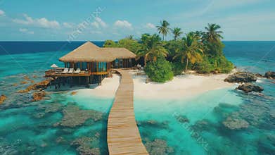 Tropical Bungalow surrounded by Palm Trees and Turquoise Waters, Top View