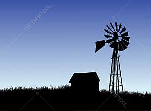 Farm house and windmill silhouette