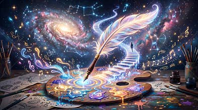 A glowing feather quill paints a cosmic journey through stars constellations and musical notes leading to a soul ascending