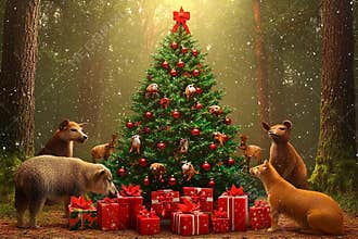 Magic of Christmas in a forest surrounded by joyful animals and gifts