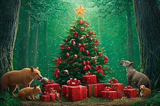 Magic of Christmas in a forest surrounded by joyful animals and gifts