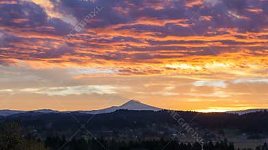 Time Lapse Movie of Colorful Sunrise and Moving Clouds over City of Happy Valley with Mount Hood in Oregon Closeup 1080p