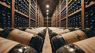 Wine bottles arranged in cellar racks forward tracking view inside storage room for winery production, beverage aging, hospitality