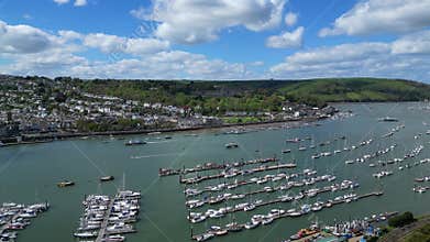 Dartmouth, River Dart, South Devon, England: DRONE VIEWS: A reveal shot of the port town of Dartmouth
