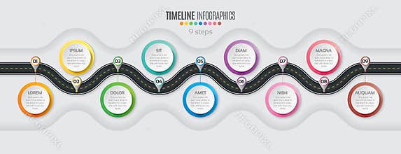 Navigation map infographic 9 steps timeline concept. Winding roa