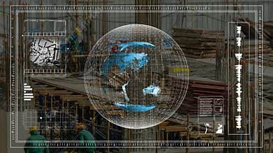 Animation of digital hologram analyzing technology of engineering construction site building skyscraper