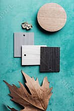 Overhead flat lay of interior design elements for an autumn mood