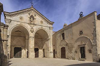 View of main facade of Saint Michael Archangel Sanctuary at Monte Sant`Angelo on Italy.