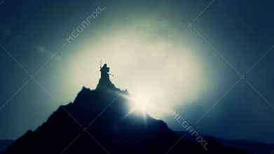 Moses on the top of Sinai mountain holding the 10 amendments