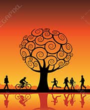 Orange tree and people