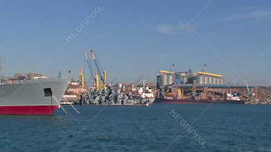 View of the port infrastructure and berths with ships