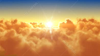 Flying over the clouds with the evening (morning) sun.