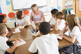 Schoolchildren and their teacher reading in class