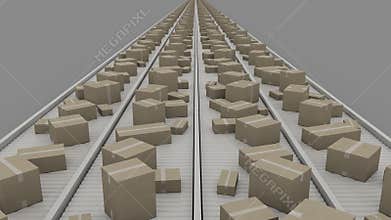 Boxes of different size moving on conveyers, symmetric perspective view. 4K seamless loopable clip