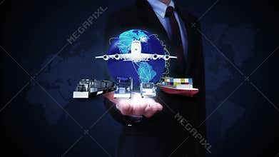 Businessman open palms, Growing Global Network with airplane, train,ship, car transportation,front view