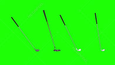 Golf clubs rotate on green screen. 3d animation