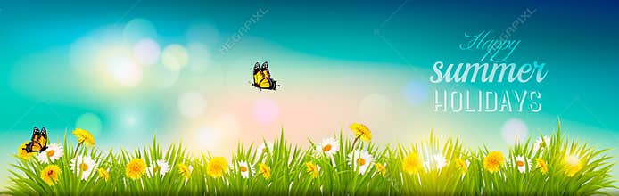 Happy summer holidays banner with flowers, grass and butterflies