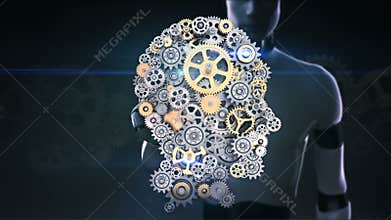 Robot, cyborg touching screen, Gears making human head shape. artificial intelligence, computer technology, humanoid science.