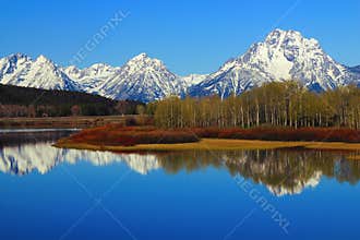 Rocky Mountains Range reflected in Oxbow Bend of the Snake River, Grand Teton National Park, Wyoming
