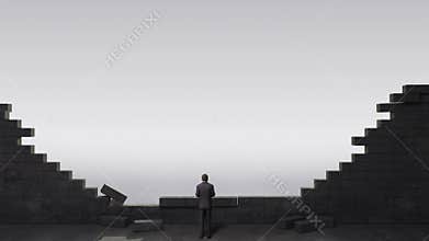 Break the brick wall. Businessman standing in front of a wall, white background.