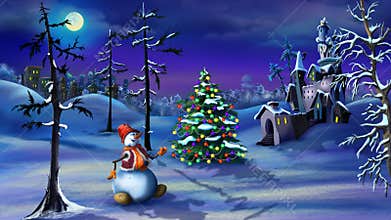 Snowman and Christmas Tree Near a Magic Castle