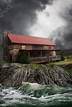 Farm house by flooding river