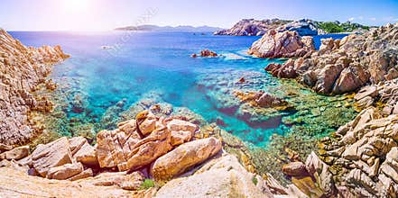Pure clear azure sea water and amazing rocks on coast of Maddalena island, Sardinia, Italy