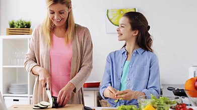 Happy family cooking dinner at home kitchen