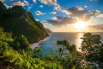Sunset at Hawaii Kauai Napali coast Kalalau trail