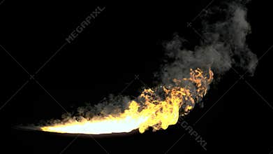 Animated realistic stream of fire like flamethrower shot or fire-breathing dragon`s flames. Clip with alpha channel. 3d