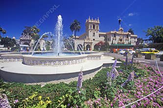 Fountain and flowers at Balboa Park Gardens, San Diego, California