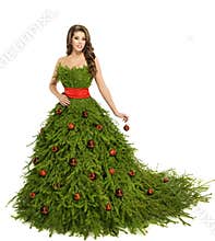 Christmas Tree Woman Dress, Fashion Model on White, Xmas Girl