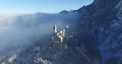 Aerial view of Neuschwanstein Castle at sunrise in