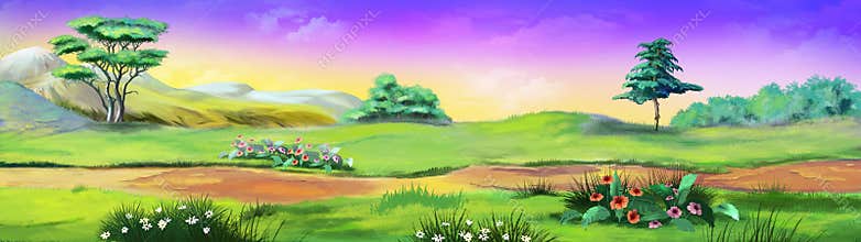 Panorama Landscape with trees and flowers. Image 01