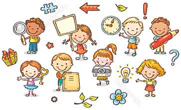 Set of cartoon kids holding different objects