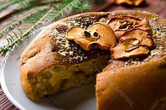 Apple cake with dry fruits, Christmas decoration