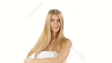 Elegant woman with long straight blond hair. slow