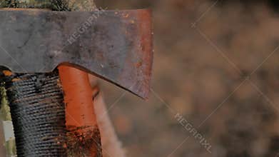 Blade of an ax shimmering in the light of a campfire