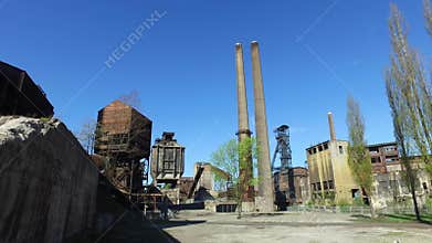 Old Abandoned Metallurgical Plant - Coke plant, chimneys, coal mine tower.