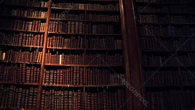 Big collection of old uncognizable books. 4K steadicam shot