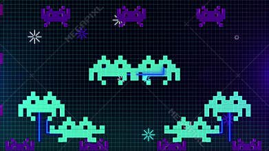 Seamless animation of cute 8 bit pixel space game or computer virus attacking your computer in 4k